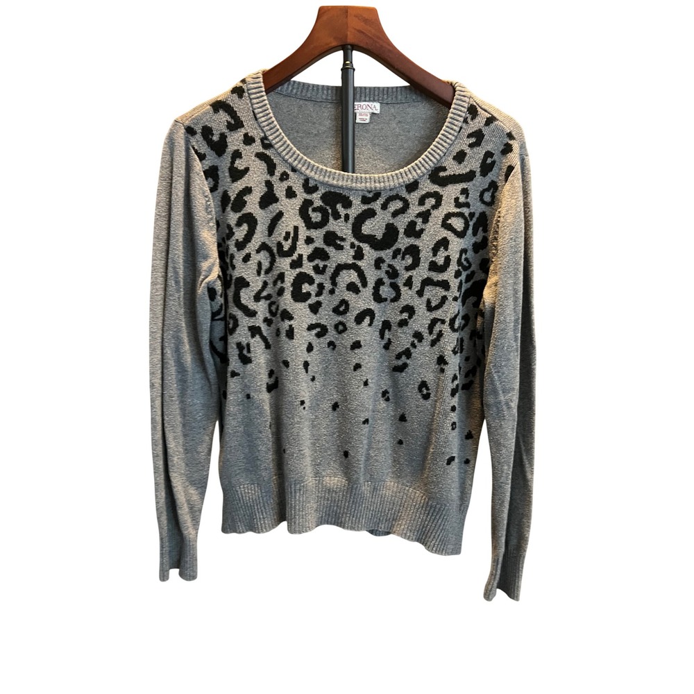 Merona Womens XXL Gray Black Leopard Print Scoop Neck Cotton Blend Sweater